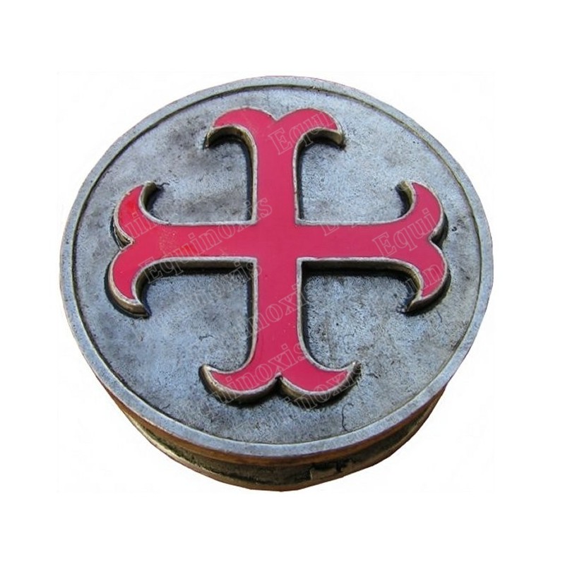 Scatolina per pillole templare in peltro – Croce templare patente smaltata rossa
