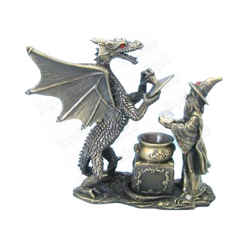Figurina mago in peltro – Mago e drago davanti ad un calderone