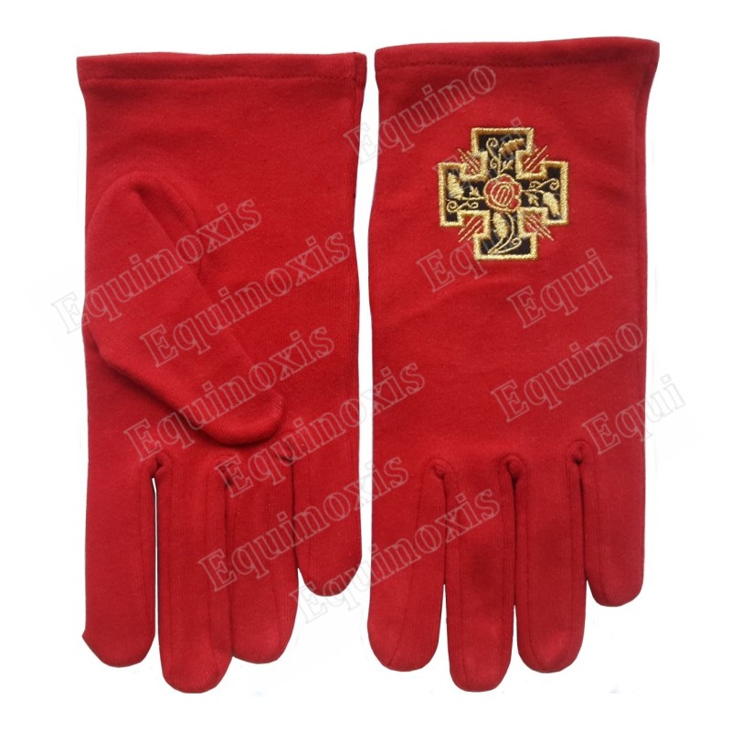 Gants maçonniques coton brodés rouges – REAA – 18ème degré – Croix potencée – Taille XXL